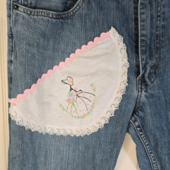Levi's 559 upcycled Jeans vintage linens, embroidered lady Women's 36 x 34 - Picture 2 of 6